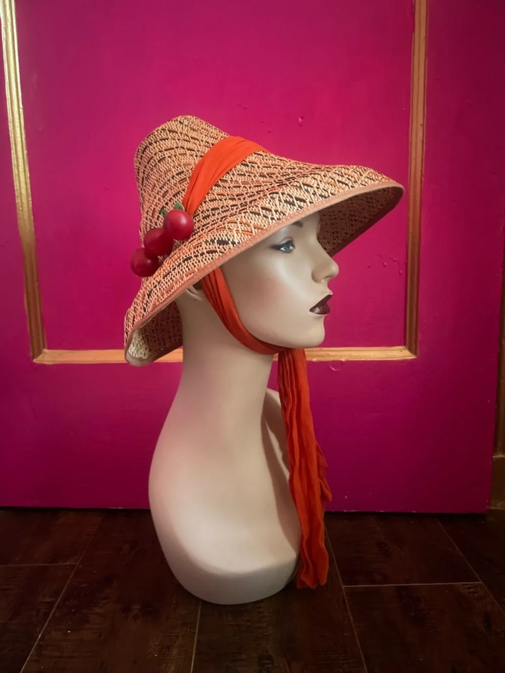 Vintage 1950’s Straw Sun Hat with Orange chiffon ribbon and Cherry Accent